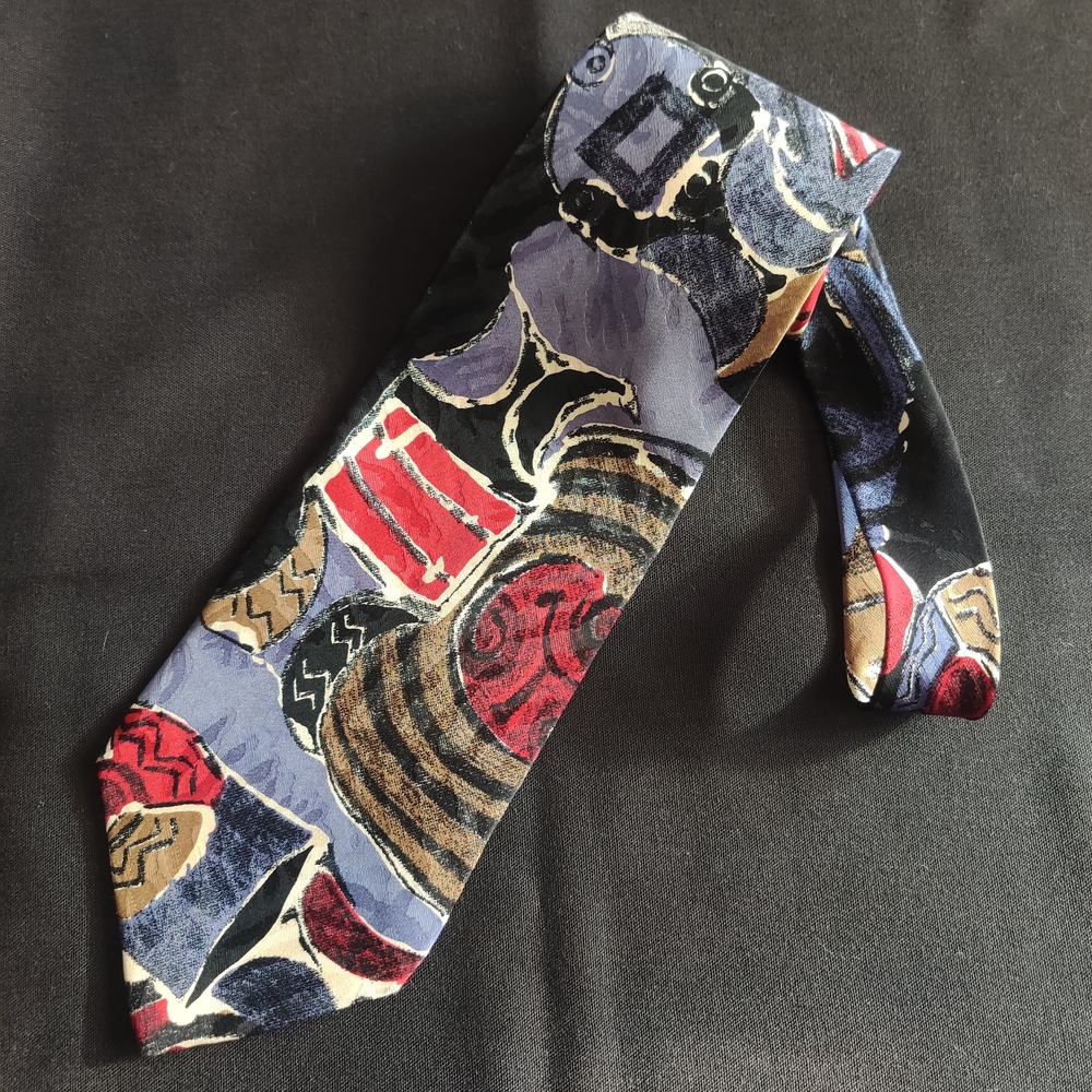 Vintage Barcelino Hand Made 100% Silk Multicolor Abstract Tie, Made In Italy
